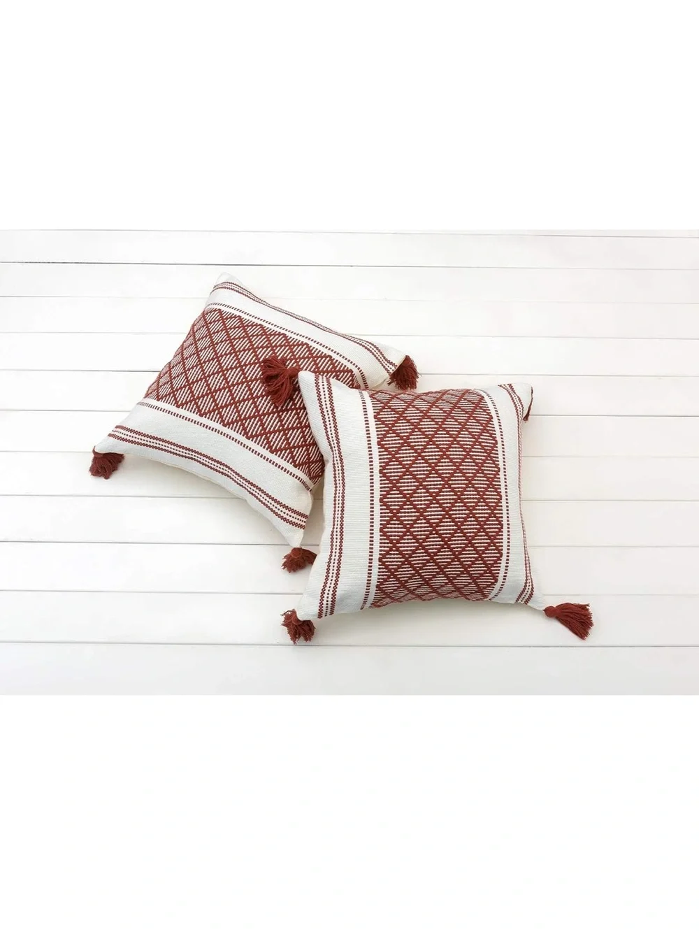 Boho Diamond Jacquard Tassel Throw Pillow Covers - Rust Cream (Set of 2) C10